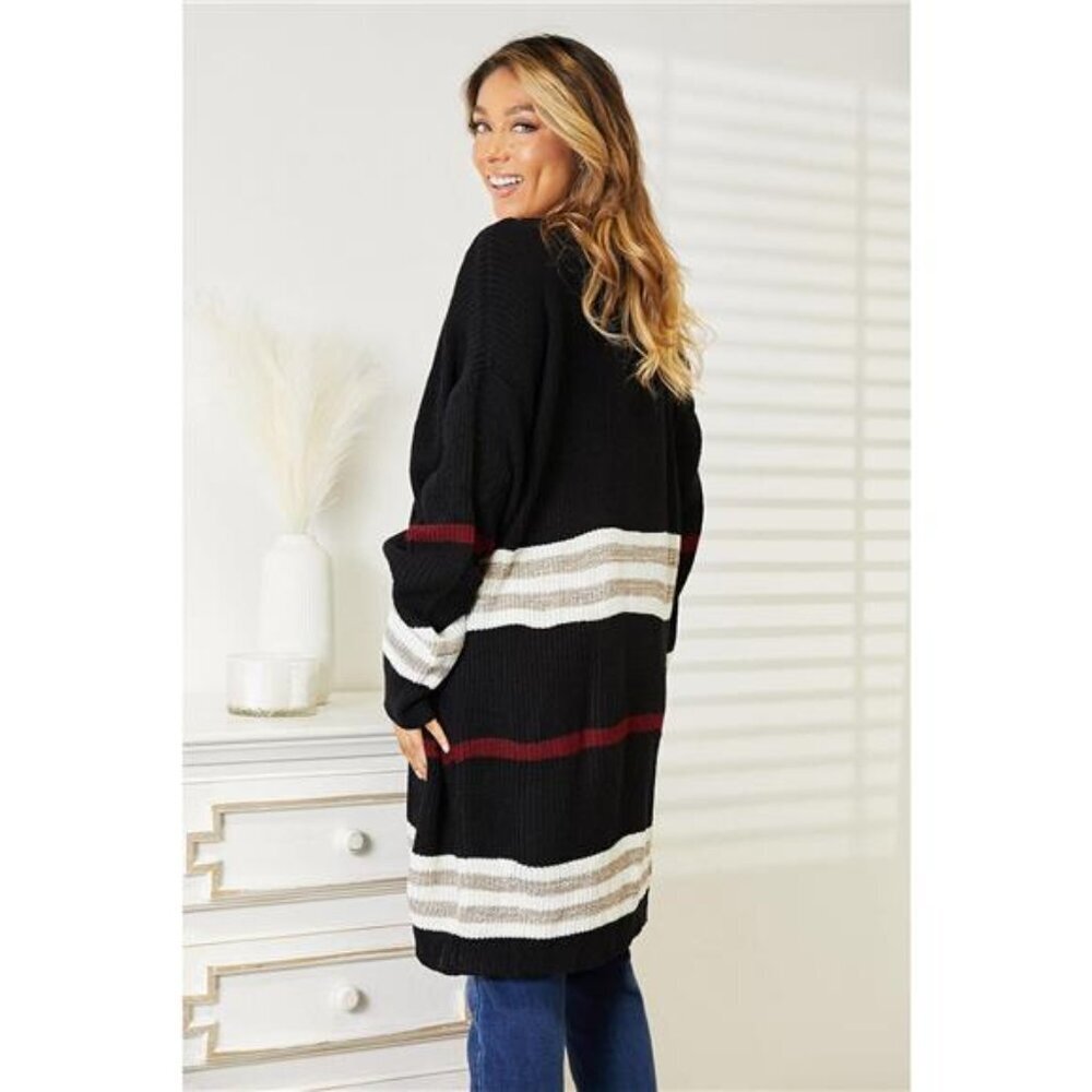 Perfee Striped Rib-Knit Drop Shoulder Open Front Cardigan - Picture 2 of 4